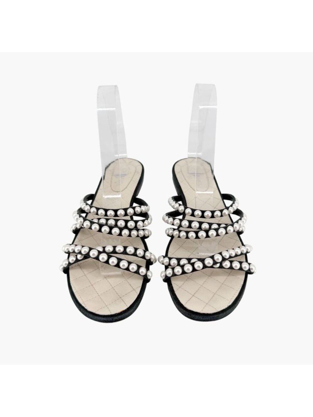 Chanel CC Pearl Strappy Slide Sandals Black White Flat Size 38.5 US 7.5-8 Women - Picture 2 of 14